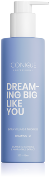 ICONIQUE Professional DREAMING BIG LIKE YOU szampon zwiększający objętość, jasnofioletowa matowa butelka z pompką, widok z przodu.