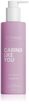 Iconique Professional Caring Like You szampon nawilżający z kwasem hialuronowym, liliowa butelka, widok z przodu.