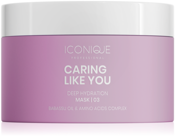 ICONIQUE CARING LIKE YOU maska nawilżająca, liliowy słoik z białą nakrętką, widok z przodu.