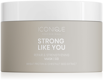 ICONIQUE STRONG LIKE YOU maska do włosów w szarym słoiku z białą pokrywką, z proteinami pszenicy. Widok z przodu.