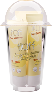 Fluff Coco-Banana Smoothie zestaw: dwie żółte tubki kosmetyków (krem i balsam) w przezroczystym opakowaniu, widok z przodu.