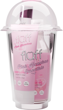 Zestaw Fluff Pink Smoothie: różowy balsam do ciała i olejek pod prysznic w przezroczystym kubku z kopułką.