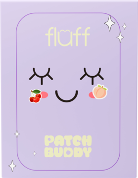 Fioletowe, prostokątne opakowanie Fluff Patch Buddy z wesołą buźką, wisienkami i brzoskwinią. Widok z przodu.