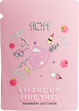Różowa saszetka Fluff Raspberry Juicy Mask, z grafiką maseczki, malin, szminki i tekstami, widok z przodu.
