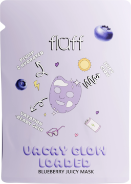 Fioletowa maseczka Fluff Vacay Glow Blueberry Juicy Mask w saszetce, z grafiką borówek i hasłami „Juicy Glow”.