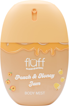 Fluff Blendscent Peach & Honey Jam Body Mist w owalnej, brzoskwiniowo-miodowej butelce z dekoracyjnym wzorem, widok z przodu.