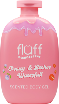 Różowy żel pod prysznic Fluff Peony & Lechee Waterfall, butelka z falistym wzorem, widok z przodu.