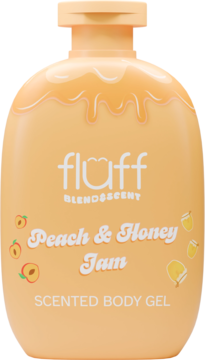 Fluff Peach & Honey Jam Scented Body Gel w brzoskwiniowej butelce, z przodu, z grafiką kropli i owoców.