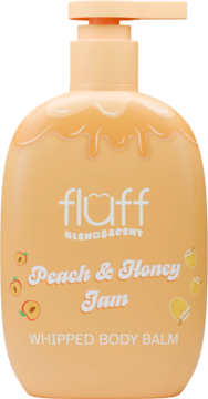 Pomarańczowy balsam Fluff Peach & Honey Jam w butelce z pompką, widok z przodu, etykieta z brzoskwiniami i miodem.