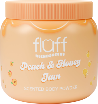 Fluff Peach & Honey Jam, brzoskwiniowy puder do ciała w okrągłym słoiku z grafiką brzoskwiń i miodu, widok z przodu.