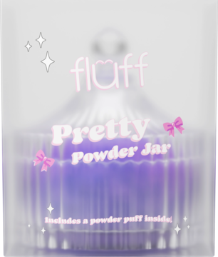 Fluff Pretty Powder Jar z fioletowym pudrem, przezroczyste, eleganckie opakowanie z różowymi kokardkami, widok z przodu.