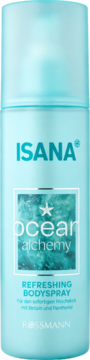 Błękitny Isana Ocean Alchemy odświeżający bodyspray Rossmann, butelka z morskim tłem i białym napisem.