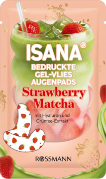 ISANA Strawberry Matcha gel-fleece eye pads, peach pouch with layered drink, Hyaluron, front view.