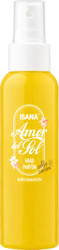Żółty flakon Isana Amor del Sol Haar-Parfum Rossmann z białym rozpylaczem, widok z przodu, ozdobny napis i kwiaty.