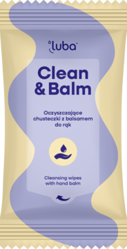 Luba Clean & Balm oczyszczające chusteczki z balsamem do rąk, beżowa saszetka z fioletowym wzorem, front.