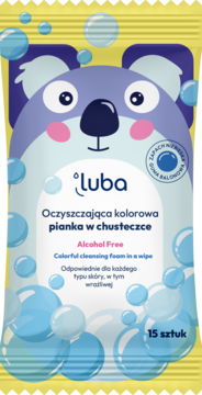 Żółta saszetka Luba z misiem koala, kolorowa pianka w chusteczce, 'Alcohol Free', 15 sztuk, widok z przodu.