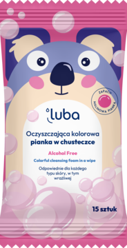 Różowa saszetka Luba, chusteczki z pianką do oczyszczania dla dzieci, 15 sztuk, z misiem i bąbelkami.