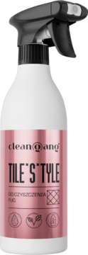 Biały spray Clean@ang TILE'S'TYLE do czyszczenia fug, czarny atomizer, różowa etykieta, widok z przodu.
