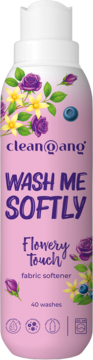 Różowy płyn do płukania tkanin Flowery Touch clean@ang, z nutami róży i ylang ylang, widok przodu.