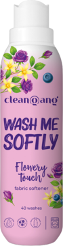 Różowa butelka płynu Cleangang Wash Me Softly Flowery Touch, z fioletowymi różami i napisem, widok z przodu.