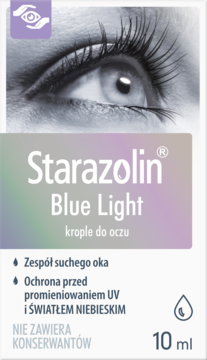 Starazolin Blue Light krople do oczu, białe opakowanie z gradientem, na suchość i ochronę UV/niebieskie światło.