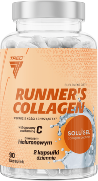 TREC Runner's Collagen, 90 kapsułek dla kości i chrząstek. Przezroczysty słoik, etykieta pomarańczowo-biała, widok z przodu.