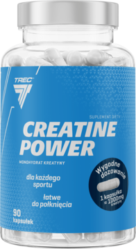 TREC CREATINE POWER 90 kapsułek, suplement diety, kreatyna, przezroczysta butelka z niebieską etykietą, widok z przodu.