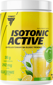 Trec Isotonic Active Lemon, izotoniczny suplement w proszku, żółto-biała tuba z cytryną, widok z przodu.