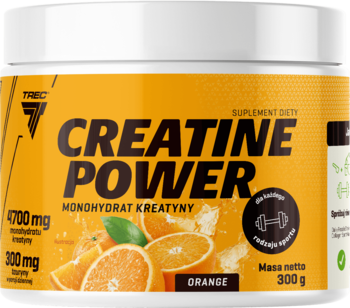 Biały słoik CREATINE POWER, pomarańczowy suplement z monohydratem kreatyny 300g, widok z przodu z grafiką pomarańczy.