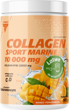 Trec Collagen Sport Marine 10000mg mango-pomarańcza w pomarańczowym słoju, z kolagenem i witaminami, widok z przodu.