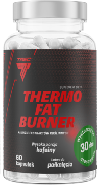 TREC Thermo Fat Burner, 60 kapsułek, wysoka kofeina, w przezroczystej butelce z czarno-czerwoną etykietą.