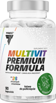 TREC Multivit Premium Formula, suplement diety z żeń-szeniem, 90 kapsułek w przeźroczystej butelce, widok z przodu.