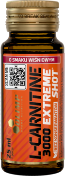 Olimp L-Carnitine 3000 Extreme Shot 25ml, smak wiśniowy. Bursztynowa butelka z pomarańczową etykietą, widok z przodu.