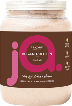 Levann Vegan Protein Shake Dark Chocolate & Raspberry w dużym słoiku. Brązowa etykieta z różowymi napisami, proszek widoczny.