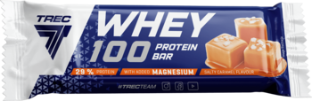Baton proteinowy Trec Whey 100 Salty Caramel z magnezem, ciemnoniebieskie opakowanie, widok z przodu.