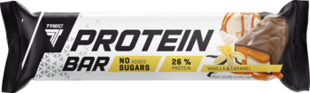 Baton białkowy Trec Protein Bar Vanilla & Caramel w czarno-białym opakowaniu, 26% białka, bez cukru.