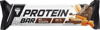Czarny baton proteinowy Peanut & Caramel, 28% białka, bez dodatku cukru, widok z przodu.