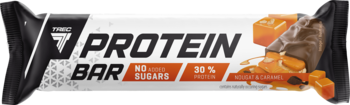 Baton proteinowy karmelowy w czarno-białym opakowaniu, bez cukru, z napisem '33% Protein', widok przód.