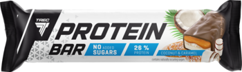 TREC Protein Bar Coconut & Caramel 48g, biało-czarne opakowanie z kokosem i karmelem, 26% białka, widok z przodu.