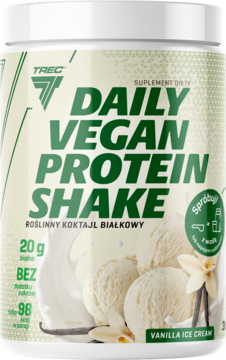 Białe opakowanie Trec Daily Vegan Protein Shake, waniliowe białko roślinne, widok z przodu z grafiką lodów.