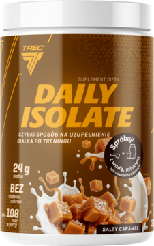 TREC DAILY ISOLATE odżywka białkowa, smak słony karmel, brązowa tuba z białym wieczkiem. Widok z przodu.