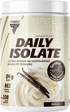Białe opakowanie izolatu białka TREC DAILY ISOLATE waniliowy, z kremowym shake'iem i laskami wanilii, front.