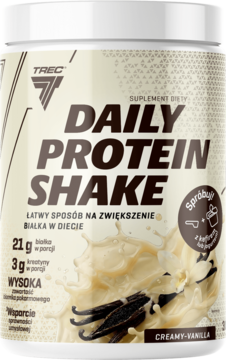 Biała tubka Trec Daily Protein Shake śmietankowo-waniliowy, 21g białka, z obrazkiem wanilii, widok z przodu.