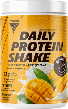 TREC Daily Protein Shake Mango Lassi, żółta tuba, widok z przodu, z grafiką mango i mleka. 21g białka, 3g kreatyny.