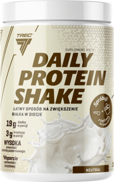 Biała tuba TREC Daily Protein Shake o smaku neutralnym, 19g białka, z brązowymi napisami, widok z przodu.