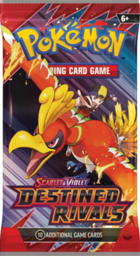 Czerwony booster Pokémon TCG Scarlet & Violet Destined Rivals z Ho-Ohem, trenerem i napisem 10 kart.