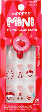 imPRESS MINI 'no glue' Christmas press-on nails, 20-count. Red and pink box with festive designs.