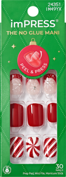 imPRESS The No Glue Mani festive press-on nails in green box. Red, white, clear designs: glitter, solid, candy cane.