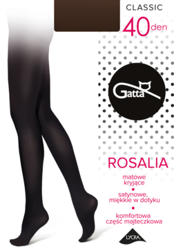 Para czarnych, matowych rajstop Gatta Rosalia 40 den na modelce, z opakowaniem 40den LYCRA.