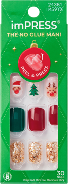 imPRESS świąteczne tipsy 'No Glue Mani' w zielonym pudełku: Santa, renifer, brokatowe, czerwone i zielone.